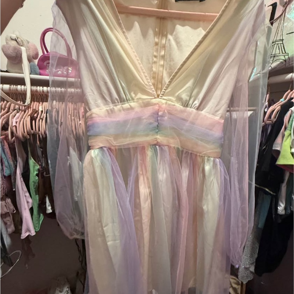 Pastel Rainbow Sheer Sleeve Tulle Dress